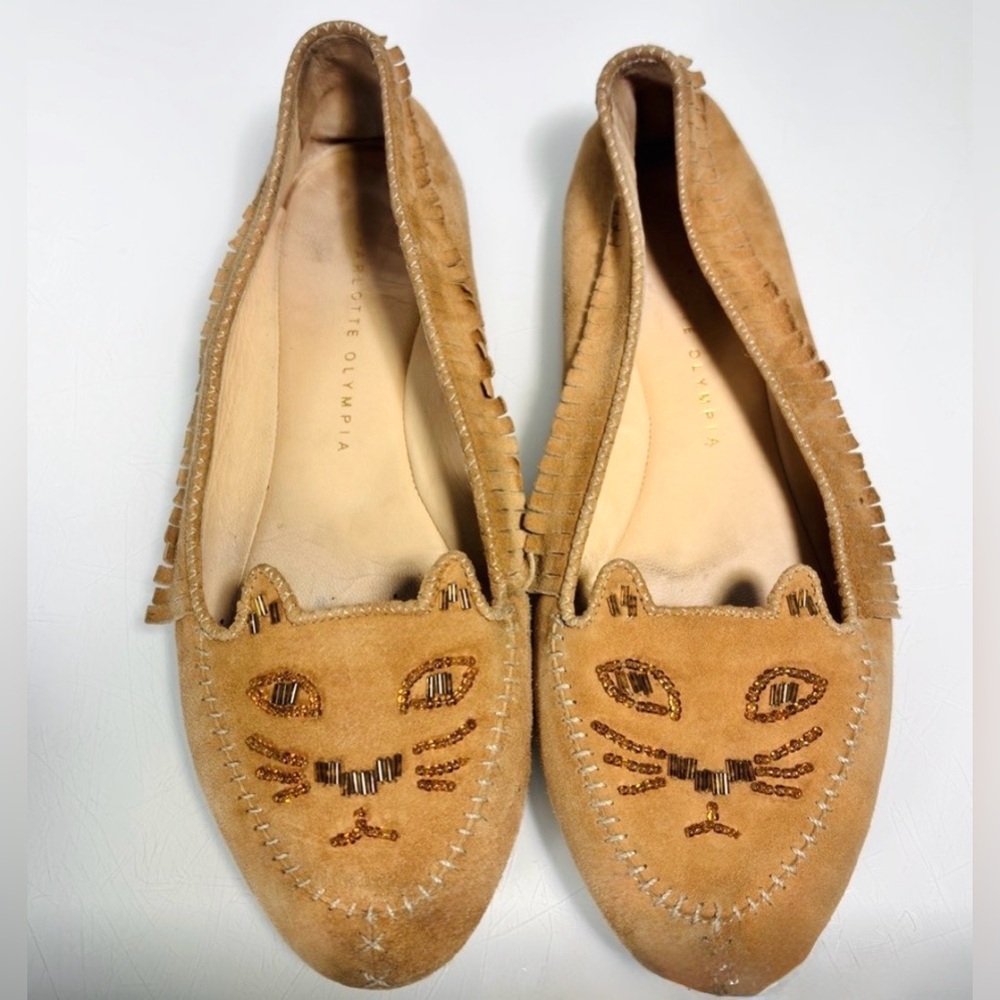 Rare! Charlotte Olympia Tan Suede “Kitty” Moccasins w/fringe! (EU 38/ 7)